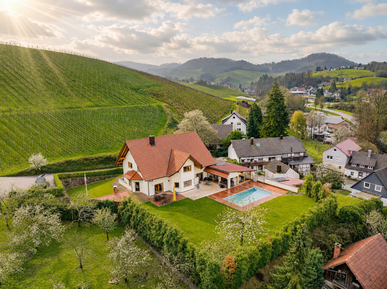 Terrassen, Pool und Weinberge · Visualisierung
