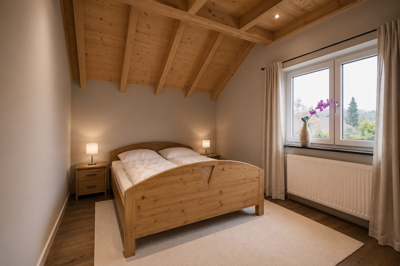 Schlafzimmer mit Holzdecken · Obergeschoss · Visualisierung